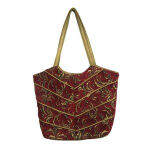 Womens Red Corduroy Tote Shoulder Bag Floral Gold Piping & Handles Flat Bottom